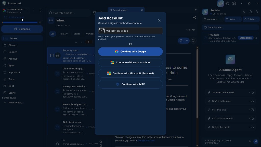 Add Account window with provider buttons for Google, Microsoft, and IMAP