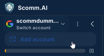 scomm.ai account menu with Switch account and Add account