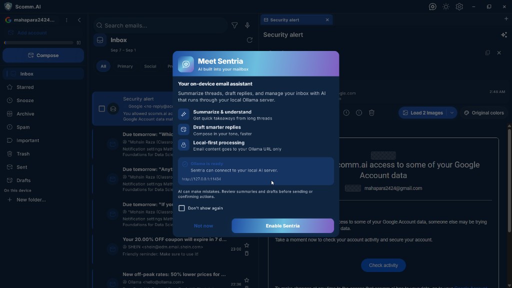 Meet Sentria window describing on-device email AI with Ollama