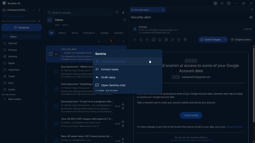 Sentria menu with Summarize thread, Extract tasks, Draft reply, and Open Sentria chat